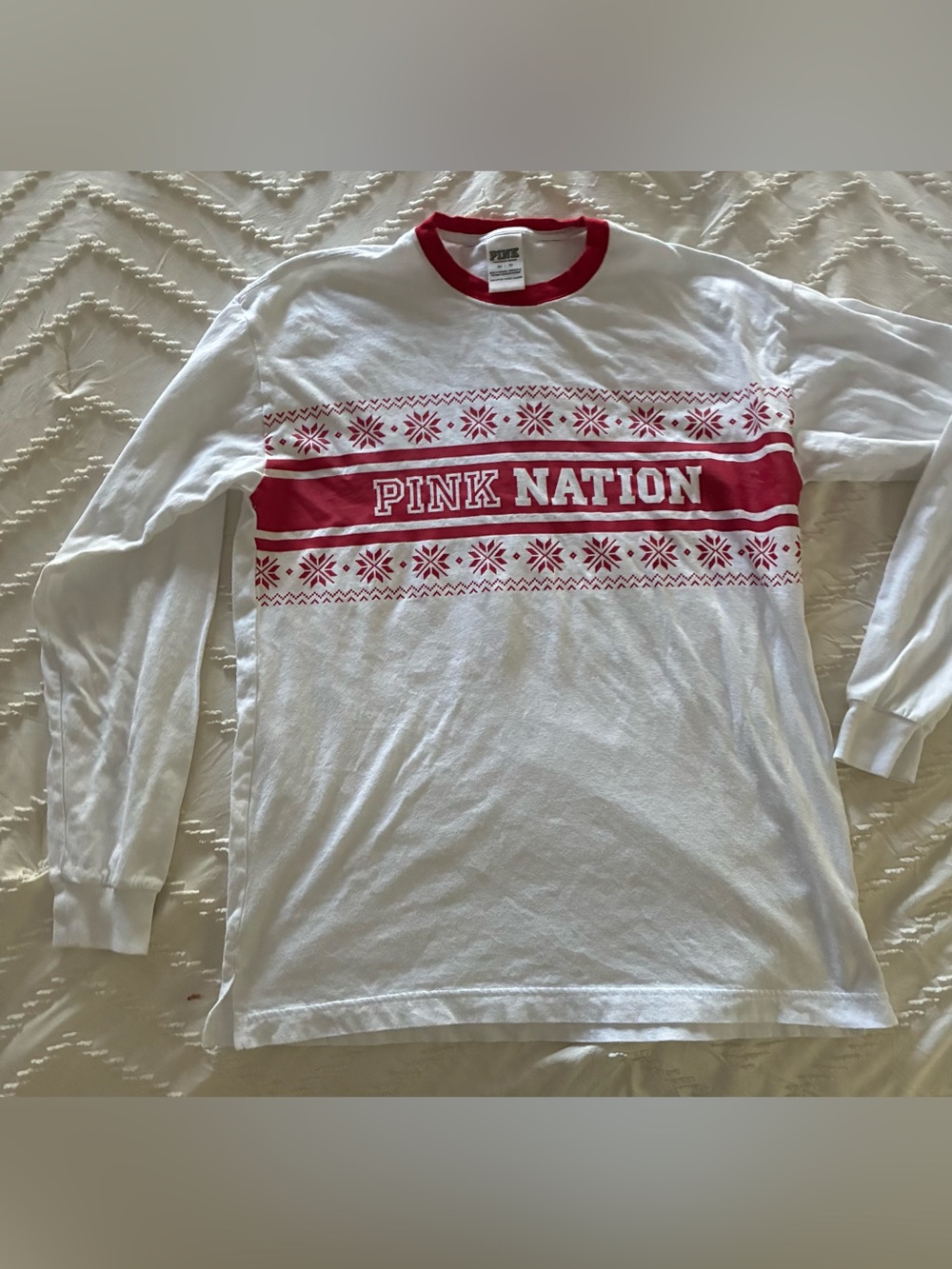 PINK Victoria's Secret White long sleeve  Tee with Red Collar holiday shirt XS